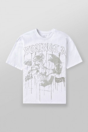 Young LA 4116 - Floral Skull Tees Weiß | 3259-EZCJG