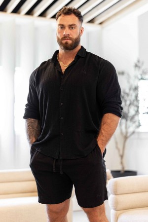 Young LA 825 - Simply Linen Shirts Schwarz | 0875-HJRFW