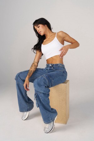 Young LA W242 Straight Leg Cargo Jeans Blau | 7265-UTPBW