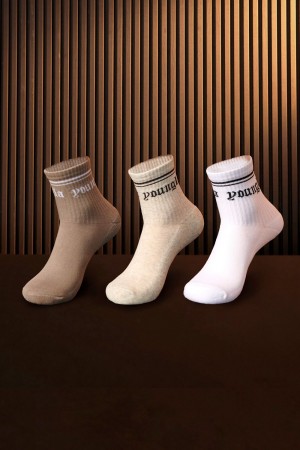 Young LA W605 - Urban Crew Sock 3 Pack Weiß Braun Beige | 4583-NYTXH